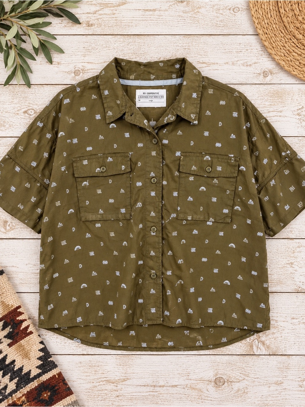 REI Co-op Large Olive Green Boxy Camp Shirt 100% Cotton Embroidered